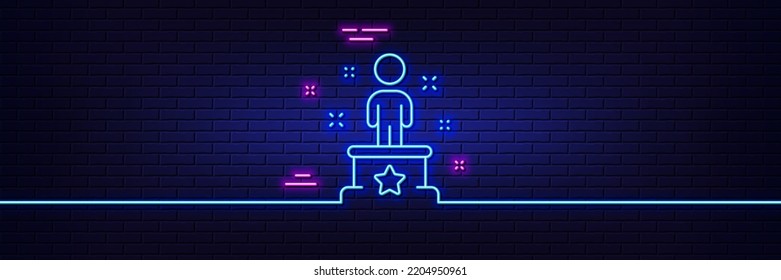 Neon light glow effect. Success line icon. Winner podium sign. First place award symbol. 3d line neon glow icon. Brick wall banner. Success outline. Vector