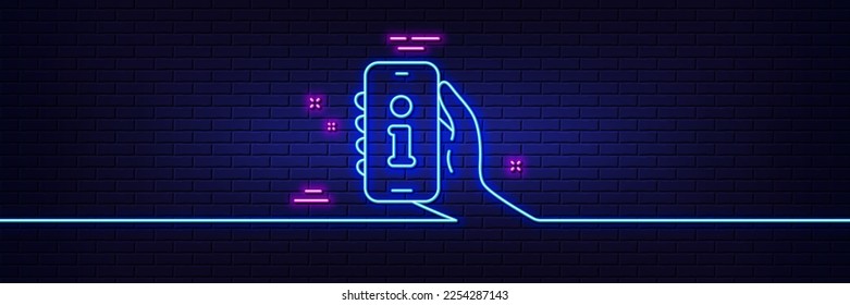 Neon light glow effect. Support line icon. Phone information sign. Smartphone info symbol. 3d line neon glow icon. Brick wall banner. Support outline. Vector