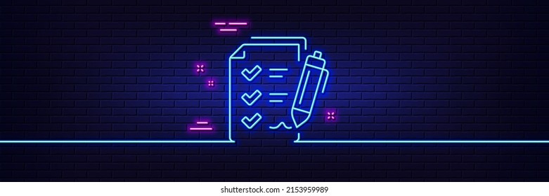 Neon light glow effect. Survey Checklist line icon. Report sign. Business review symbol. 3d line neon glow icon. Brick wall banner. Survey checklist outline. Vector