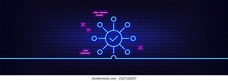 Neon light glow effect. Survey check line icon. Correct answer sign. 3d line neon glow icon. Brick wall banner. Survey check outline. Vector