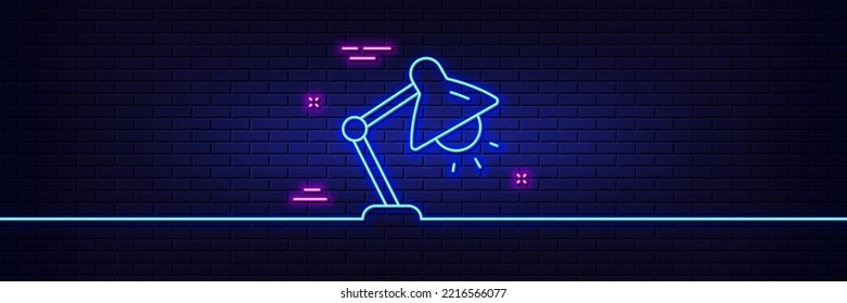 Neon light glow effect. Table lamp line icon. Bedside light sign. Interior illuminate symbol. 3d line neon glow icon. Brick wall banner. Table lamp outline. Vector