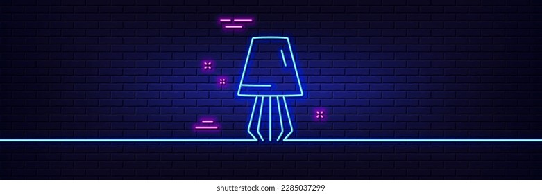 Efecto luminoso neón. Icono de línea de lámpara de mesa. Señal de luz de la cama. Símbolo de iluminación interior. Icono de resplandor de neón de 3d línea. Banner de pared de ladrillo. Esquema de la lámpara de mesa. Vector