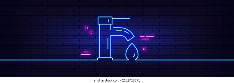 Neon light glow effect. Tap water line icon. Faucet with aqua drop sign. Sanitary engineering symbol. 3d line neon glow icon. Brick wall banner. Tap water outline. Vector