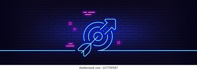 Neon light glow effect. Target aim line icon. Financial Target sign. Business objective symbol. 3d line neon glow icon. Brick wall banner. Target outline. Vector