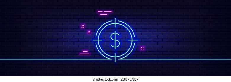 Efecto luminoso neón. Destino con el icono de la línea del dólar. Símbolo de objetivo. Signo de efectivo o dinero. Icono de resplandor de neón de 3d línea. Banner de pared de ladrillo. Esbozo del objetivo de dólar. Vector