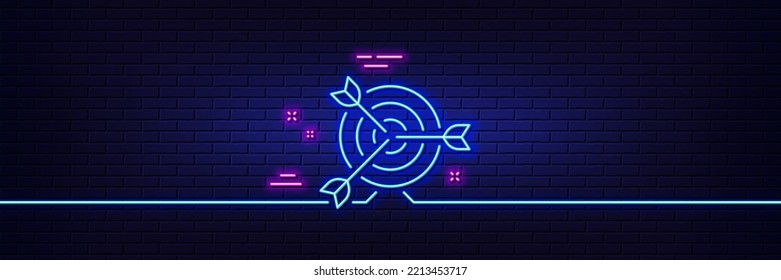 Neon light glow effect. Target line icon. Marketing targeting strategy symbol. Aim with arrows sign. 3d line neon glow icon. Brick wall banner. Target outline. Vector