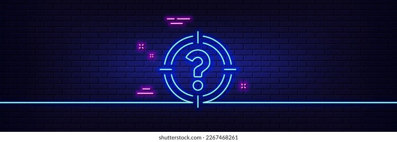 Neon light glow effect. Target with Question mark line icon. Aim symbol. Help or FAQ sign. 3d line neon glow icon. Brick wall banner. Headhunter outline. Vector