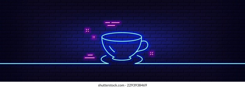 Neon light glow effect. Tea cup line icon. Coffee drink sign. Fresh beverage symbol. 3d line neon glow icon. Brick wall banner. Espresso outline. Vector