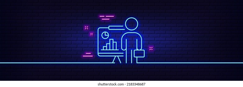 Neon light glow effect. Teacher line icon. Conference presenter sign. Education seminar symbol. 3d line neon glow icon. Brick wall banner. Teacher outline. Vector