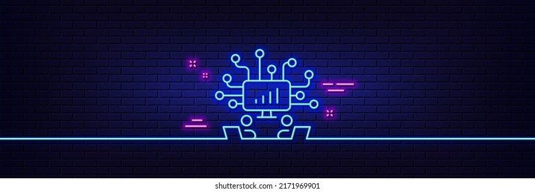 Neon light glow effect. Teamwork line icon. Remote office sign. Team employees symbol. 3d line neon glow icon. Brick wall banner. Teamwork outline. Vector