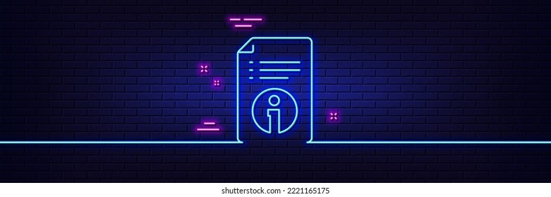 Neon light glow effect. Technical information line icon. Instruction sign. 3d line neon glow icon. Brick wall banner. Technical info outline. Vector