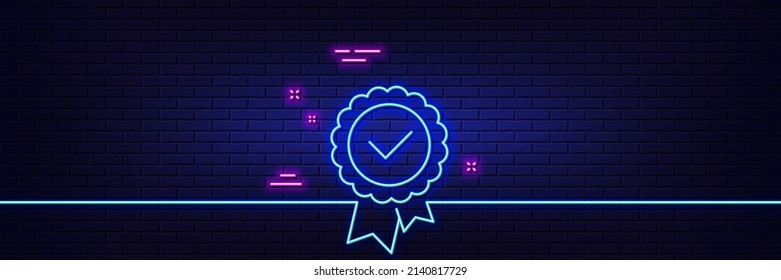 Neon light glow effect. Tested stamp line icon. Approved medal sign. Certificate award symbol. 3d line neon glow icon. Brick wall banner. Tested stamp outline. Vector