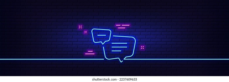 Neon light glow effect. Text message line icon. Chat comment sign. Speech bubble symbol. 3d line neon glow icon. Brick wall banner. Text message outline. Vector