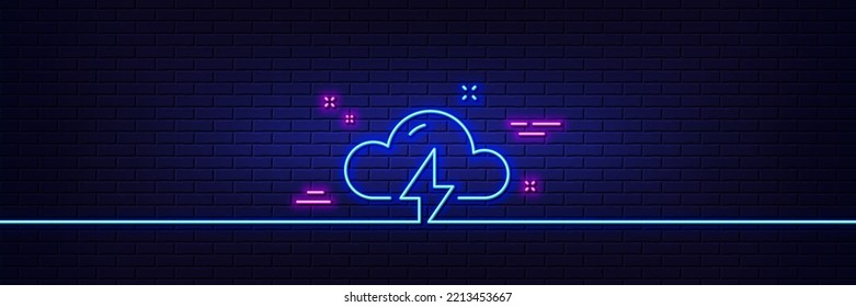 Neon light glow effect. Thunderstorm weather line icon. Thunderbolt with cloud sign. Bad day symbol. 3d line neon glow icon. Brick wall banner. Thunderstorm weather outline. Vector