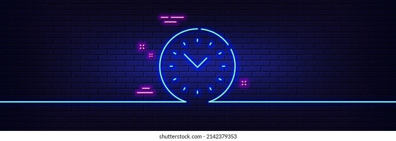 Neon light glow effect. Time management line icon. Clock sign. Watch symbol. 3d line neon glow icon. Brick wall banner. Time management outline. Vector