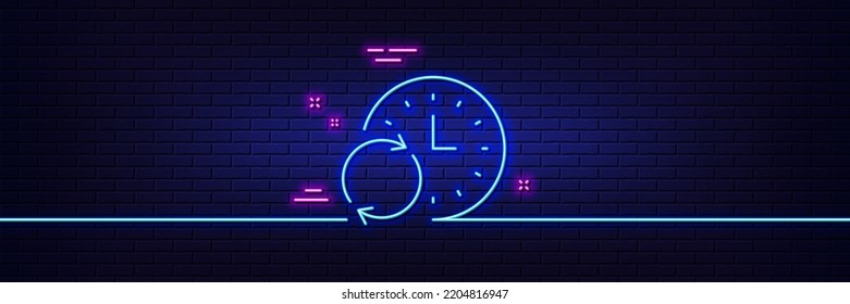 Neon light glow effect. Time line icon. Update clock or Deadline symbol. Time management sign. 3d line neon glow icon. Brick wall banner. Update Time outline. Vector