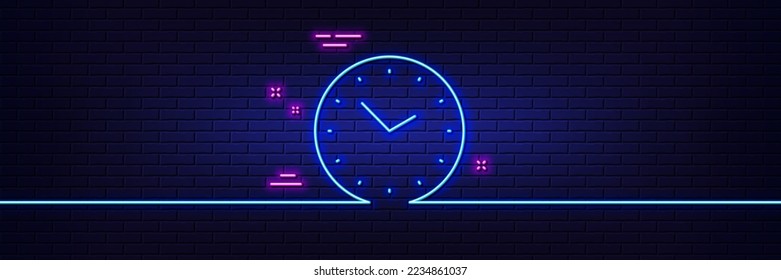 Efecto luminoso neón. Icono de línea de administración de tiempo. Signo de reloj. Símbolo de observación. Icono de resplandor de neón de 3d línea. Banner de pared de ladrillo. Esquema temporal. Vector