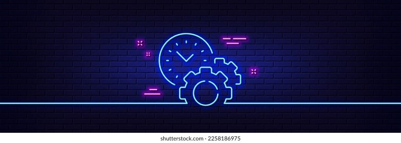Neon light glow effect. Time management line icon. Clock sign. Gear symbol. 3d line neon glow icon. Brick wall banner. Time management outline. Vector