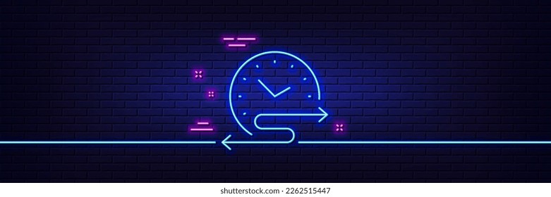 Neon light glow effect. Time schedule line icon. Transport timetable sign. Task time management symbol. 3d line neon glow icon. Brick wall banner. Time schedule outline. Vector