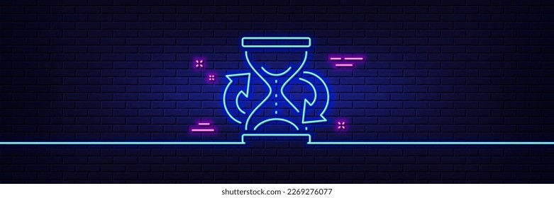 Neon light glow effect. Time hourglass refresh line icon. Sand watch sign. 3d line neon glow icon. Brick wall banner. Hourglass outline. Vector