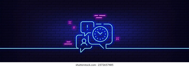 Neon light glow effect. Time management line icon. Clock sign. Watch symbol. 3d line neon glow icon. Brick wall banner. Time management outline. Vector