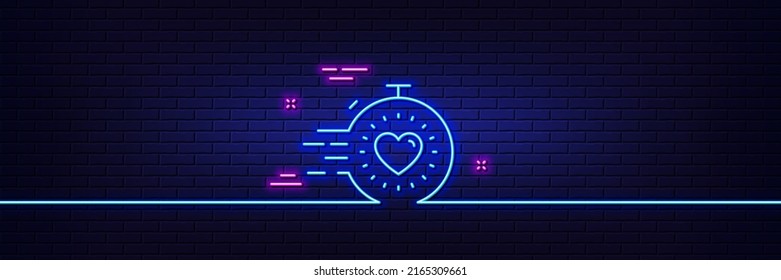 Neon light glow effect. Timer line icon. Time management sign. Stopwatch with heart symbol. 3d line neon glow icon. Brick wall banner. Timer outline. Vector