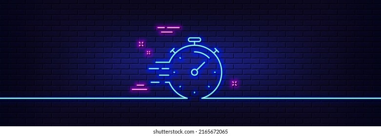 Neon light glow effect. Timer line icon. Time management sign. Stopwatch symbol. 3d line neon glow icon. Brick wall banner. Timer outline. Vector