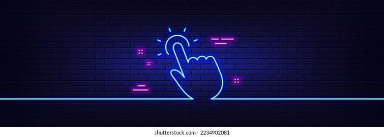 Efecto luminoso neón. Icono de línea táctil. Haga clic aquí para firmar. Símbolo de tecnología táctil. Icono de resplandor de neón de 3d línea. Banner de pared de ladrillo. contorno táctil. Vector