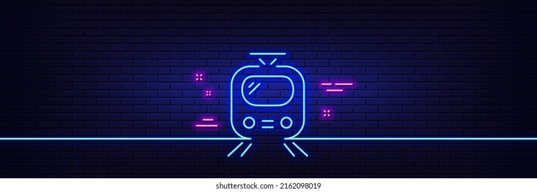 Neon light glow effect. Train transport line icon. Public transportation sign. Tram symbol. 3d line neon glow icon. Brick wall banner. Train outline. Vector