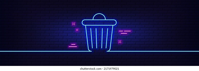 Efecto luminoso neón. Icono de línea de papelera de papelera. Basura, señal de desperdicio. Borrar, eliminar símbolo. Icono de resplandor de neón de 3d línea. Banner de pared de ladrillo. Esquema de la papelera. Vector