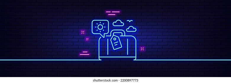 Neon light glow effect. Travel luggage line icon. Trip bag sign. Holidays case symbol. 3d line neon glow icon. Brick wall banner. Travel luggage outline. Vector