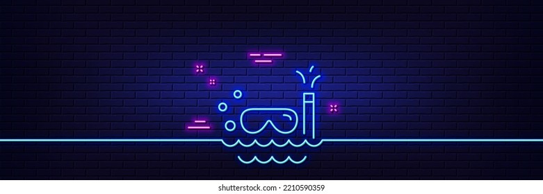 Neon light glow effect. Travel scuba diving line icon. Trip swimming sign. Holidays symbol. 3d line neon glow icon. Brick wall banner. Scuba diving outline. Vector