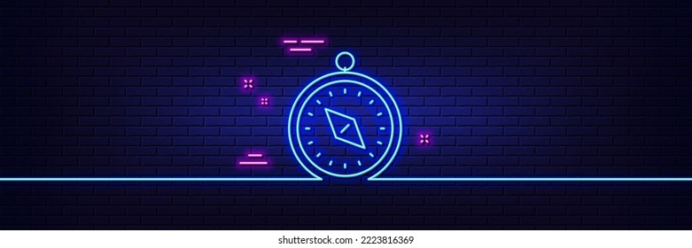 Neon light glow effect. Travel compass line icon. Trip sign. Holidays symbol. 3d line neon glow icon. Brick wall banner. Travel compass outline. Vector