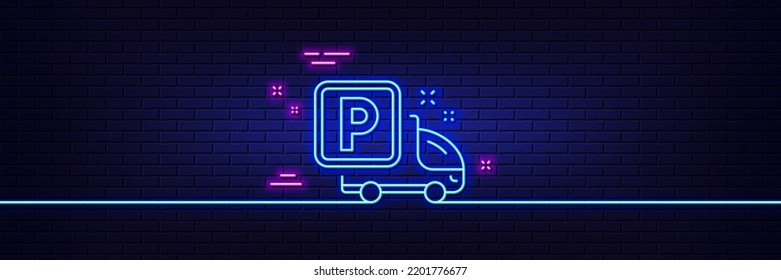 Neon light glow effect. Truck parking line icon. Car park sign. Transport place symbol. 3d line neon glow icon. Brick wall banner. Truck parking outline. Vector