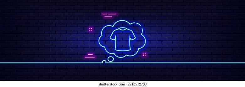 Neon light glow effect. T-shirt line icon. Laundry shirt sign. Clothing speech bubble symbol. 3d line neon glow icon. Brick wall banner. T-shirt outline. Vector