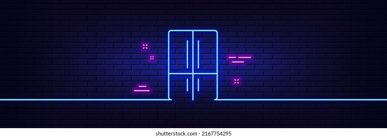 Neon light glow effect. Two-chamber refrigerator line icon. Fridge sign. Freezer storage symbol. 3d line neon glow icon. Brick wall banner. Refrigerator outline. Vector