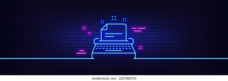 Neon light glow effect. Typewriter line icon. Documentation sign. 3d line neon glow icon. Brick wall banner. Typewriter outline. Vector