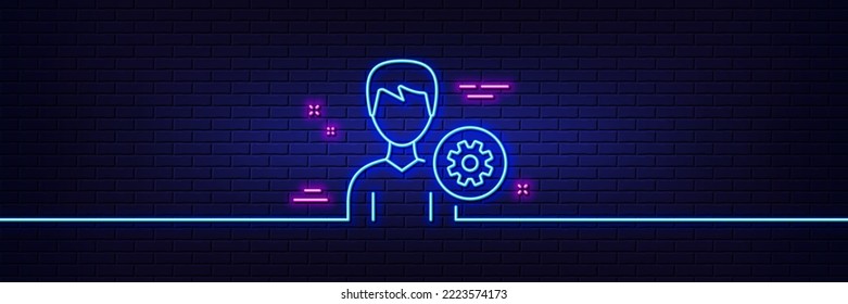 Neon light glow effect. User settings line icon. Profile Avatar with cogwheel sign. Male Person silhouette symbol. 3d line neon glow icon. Brick wall banner. Support outline. Vector