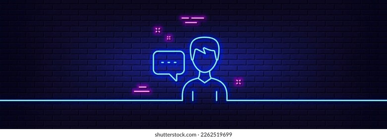 Neon light glow effect. User communication line icon. Male Person with chat speech bubble sign. Human silhouette symbol. 3d line neon glow icon. Brick wall banner. Person talk outline. Vector