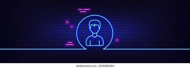 Neon light glow effect. User line icon. Profile Avatar sign. Male Person silhouette symbol. 3d line neon glow icon. Brick wall banner. Person outline. Vector