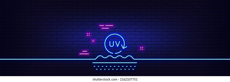 Neon Light Glow Effect. Uv Protection Cream Line Icon. Skin Care Sign. Cosmetic Lotion Symbol. 3d Line Neon Glow Icon. Brick Wall Banner. Uv Protection Outline. Vector
