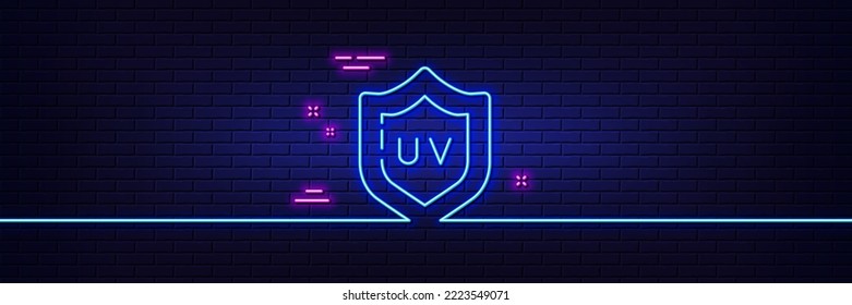 Neon light glow effect. Uv protection cream line icon. Skin care sign. Cosmetic lotion symbol. 3d line neon glow icon. Brick wall banner. Uv protection outline. Vector