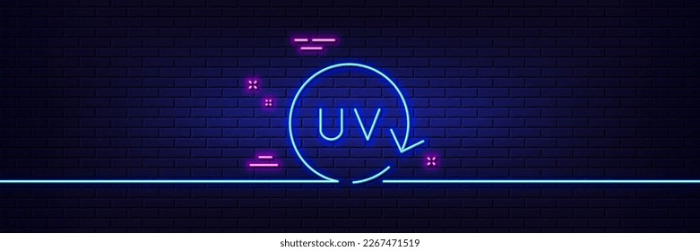 Neon light glow effect. Uv protection cream line icon. Skin care sign. Cosmetic change symbol. 3d line neon glow icon. Brick wall banner. Uv protection outline. Vector
