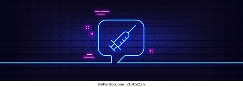 Neon light glow effect. Vaccine message line icon. Vaccination syringe sign. Jab symbol. 3d line neon glow icon. Brick wall banner. Vaccine message outline. Vector