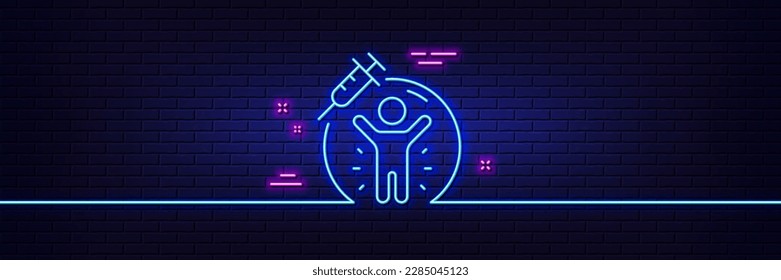 Neon light glow effect. Vaccine protection line icon. Vaccination syringe sign. Jabbed people symbol. 3d line neon glow icon. Brick wall banner. Vaccine protection outline. Vector