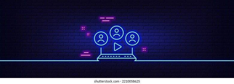 Neon light glow effect. Video conference line icon. Online meeting sign. Video teamwork symbol. 3d line neon glow icon. Brick wall banner. Video conference outline. Vector