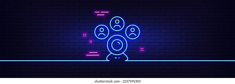 Neon light glow effect. Video conference line icon. Online meeting sign. Web camera symbol. 3d line neon glow icon. Brick wall banner. Video conference outline. Vector