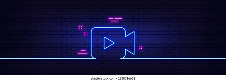 Neon light glow effect. Video Camera line icon. Movie or Cinema sign. Multimedia symbol. 3d line neon glow icon. Brick wall banner. Video camera outline. Vector