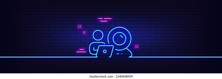 Neon light glow effect. Video conference line icon. Online training sign. Webcam presentation symbol. 3d line neon glow icon. Brick wall banner. Video conference outline. Vector