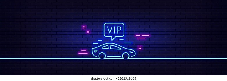 Neon light glow effect. Vip transfer line icon. Very important person transport sign. Luxury taxi symbol. 3d line neon glow icon. Brick wall banner. Vip transfer outline. Vector